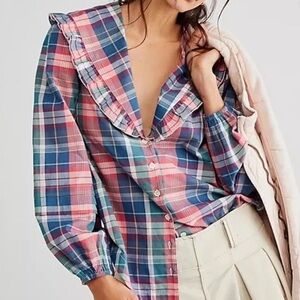 Free People Women’s Molly Ruffle Top Plaid Size L